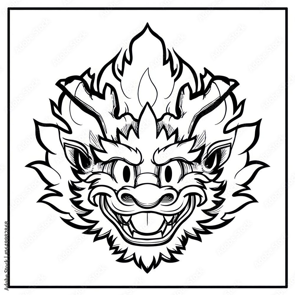 Fototapeta premium Cartoonish, symmetric, smiling mythical creature face, rendered in black and white lines