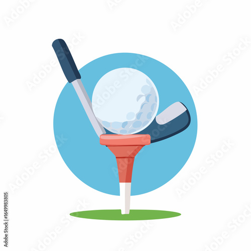 Flat vector icon of a golf club and ball on a tee, symbolizing golf sport and leisure activity.