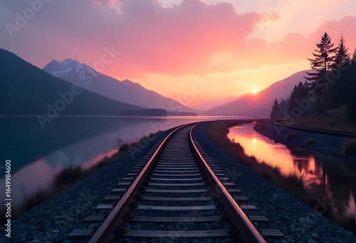 Tranquil Sunrise Over Railway Tracks by a Serene Lake