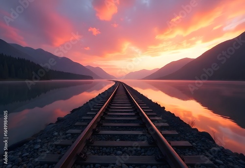 Tranquil Sunrise Over Railway Tracks by a Serene Lake