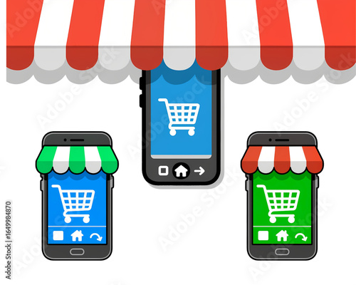 E-commerce Mobile Storefronts with Shopping Carts – Online Shopping, Digital Retail and Mobile Commerce Illustration