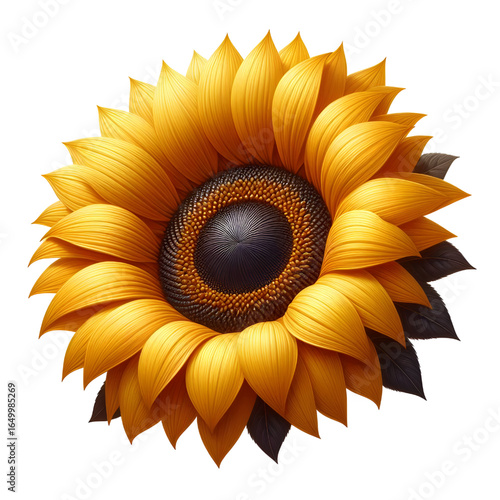 Ripe sunflower with yellow petals and dark middle, isolated on white background