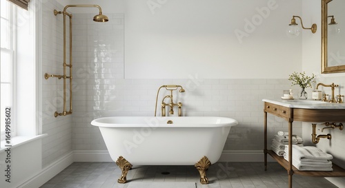 優雅な白磁器浴槽 柔らかな光に包まれ 上品な空間演出. AI Generated