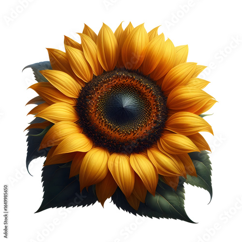 Ripe sunflower with yellow petals and dark middle, isolated on white background