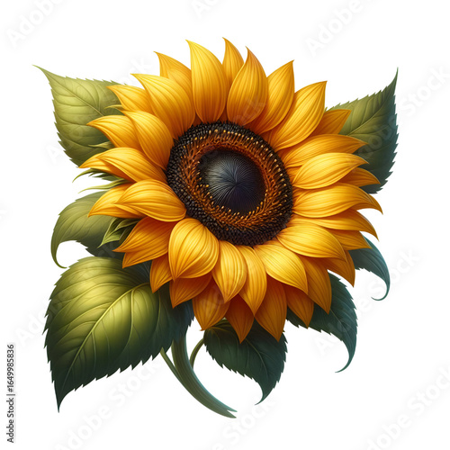 Ripe sunflower with yellow petals and dark middle, isolated on white background