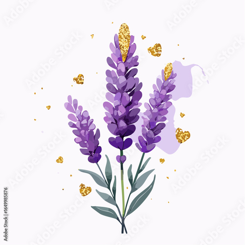 purple watercolor lavender with golden glitter isolated on white
