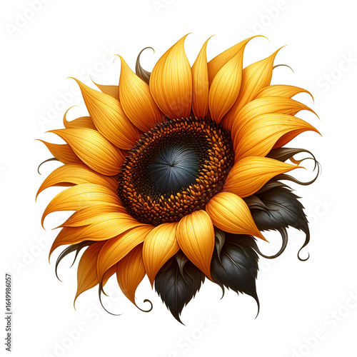 Ripe sunflower with yellow petals and dark middle, isolated on white background
