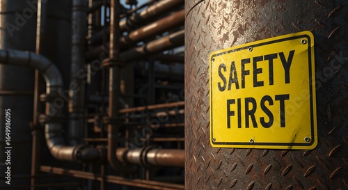 Wallpaper Mural Safety First: Industrial Safety Sign on Rusty Pipes Torontodigital.ca