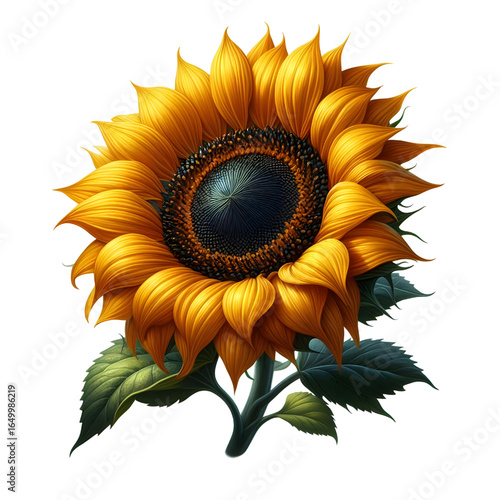 Ripe sunflower with yellow petals and dark middle, isolated on white background