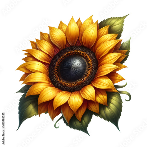 Ripe sunflower with yellow petals and dark middle, isolated on white background