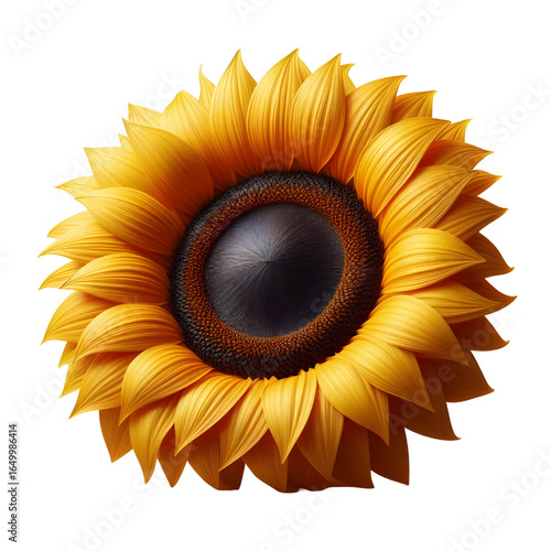 Ripe sunflower with yellow petals and dark middle, isolated on white background