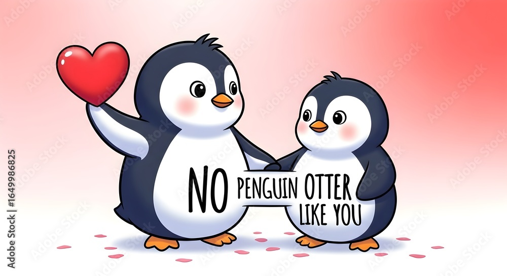 Obraz premium Adorable Penguin Pair with Heart and Affectionate Message, Cartoon Style