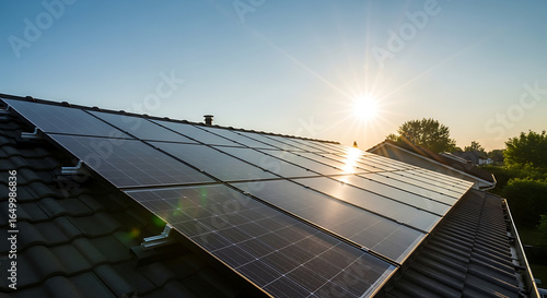 Solar panels installed on a roof with a bright sun shining in the background on a clear sunny day