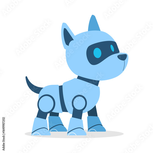 Illustration of a light blue robotic dog with dark blue eyes standing still