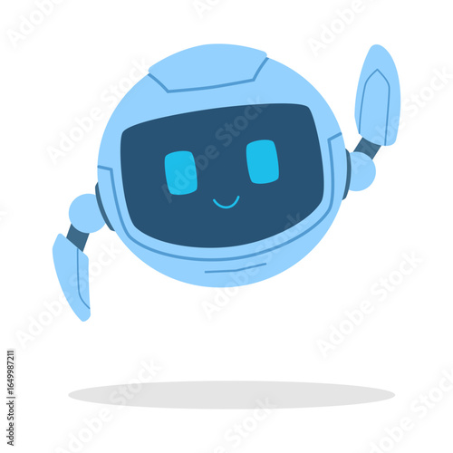 Friendly Blue Robot Floating with a Smile and Waving Arm in Cartoon Style