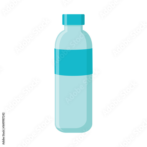 Illustration of a light blue water bottle with a blue label and lid on a white background