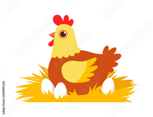 Illustration of Hen Sitting on Nest with Eggs Isolated on White Background