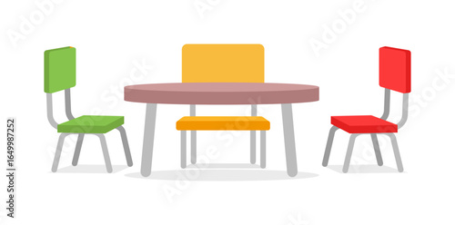 Colorful Table and Chairs Set for Dining Room or Playroom in Illustration Style