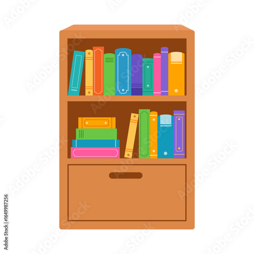 Colorful Bookshelf with Books and Drawer in Illustration Art Style