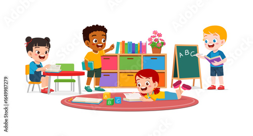 Diverse Children Learning and Reading Together in a Classroom with Books and Blackboard