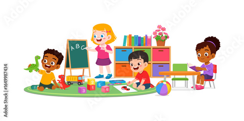 Group of Children Learning and Playing Together in a Classroom Illustration