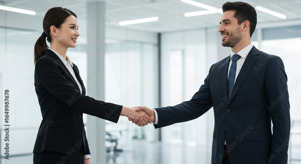 Business people shaking hands in a bright modern office space Business people shaking hands in a bright modern office space