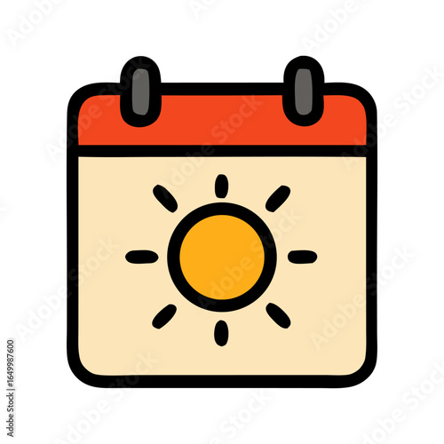 Calendar icon with a sun graphic is perfect for travel, event planning, weather apps, and summerthemed designs. Time management symbol.