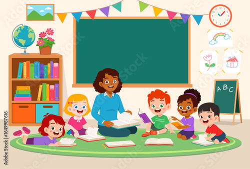 Enthusiastic Elementary School Students and Teacher Enjoy Reading Books Together