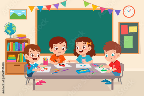 Four Cheerful Kids Drawing Together at School Classroom Desk with Art Supplies and Decoration