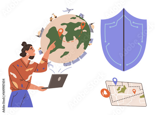 Woman using laptop, pointing at a globe with transportation and logistics icons, shield for protection, detailed map with pins. Ideal for data security, logistics, global trade, technology