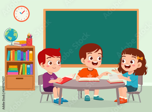 Three cheerful children reading books together at a round table in a classroom illustration