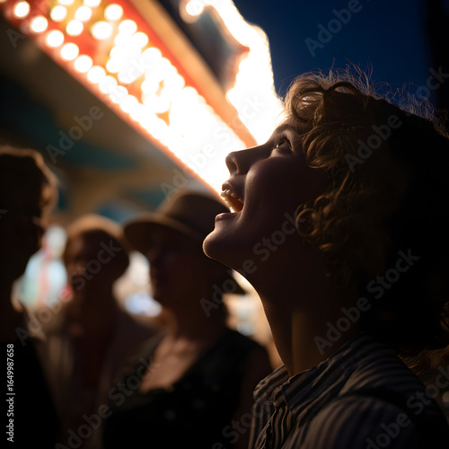 Joyful Woman Gazing Upward in Excitement at a Night Festival with Colorful Lights and Crowd