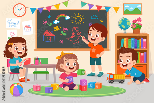 Happy Children Playing and Learning in Classroom with Blackboard and Toys Illustration