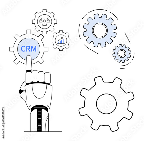 Robotic hand touching CRM gear among interconnected gears, analytics icons, and process graphics. Ideal for automation, CRM, technology, business, innovation AI systems workflow. Simple flat