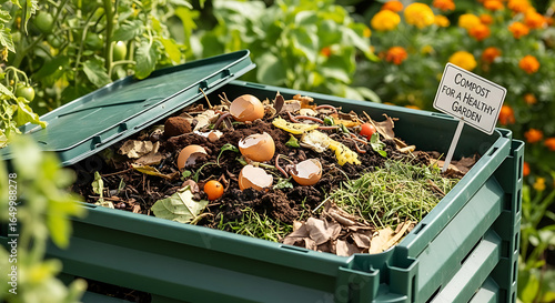 Close up of a green compost bin filled with organic waste in a garden with a sign about composting