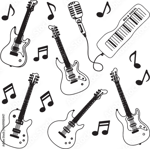 Black and white doodle pattern of musical instruments and notes guitar electric guitar