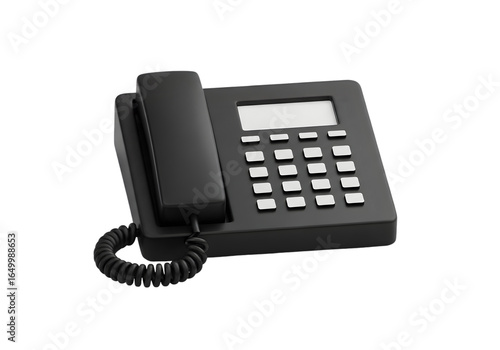 Pesawat telepon warna hitam, alat komunikasi telpon- Modern black desk telephone with digital display and coiled cord for professional communication