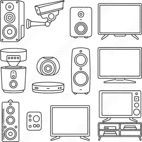 Collection of Black Outline Icons for Home Electronics and Security Devices black and white