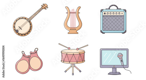 Illustration of various musical instruments and equipment