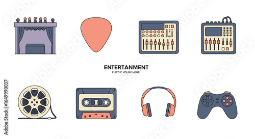 Entertainment icons including stage, guitar pick and more