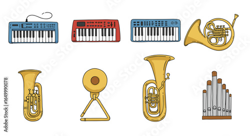 Illustration of various musical instruments on a white background
