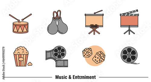 Illustration of various entertainment and music related items