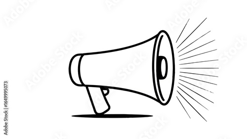 A black and white illustration of a megaphone broadcasting sound.