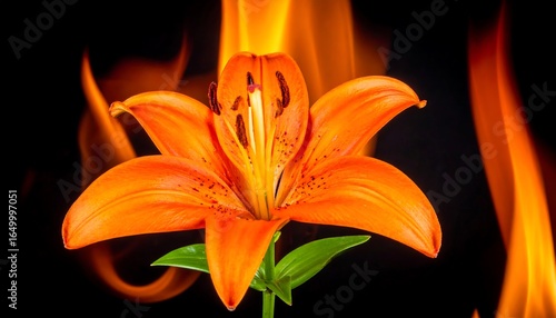Fiery Orange Lily with Black Background.