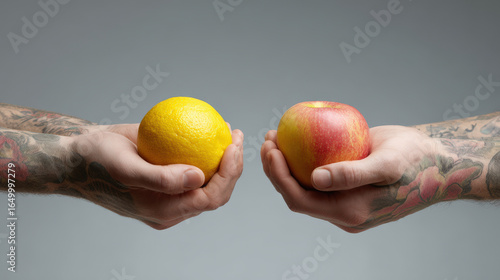 closeup of tattooed hands holding dumbbells against clean neutral background