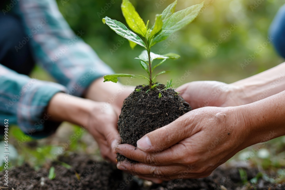 Fototapeta premium Two farmers are holding a young plant and soil in their hands, ready to plant it in the ground