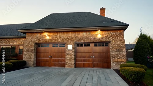 a brick house with a double garage door 4k video