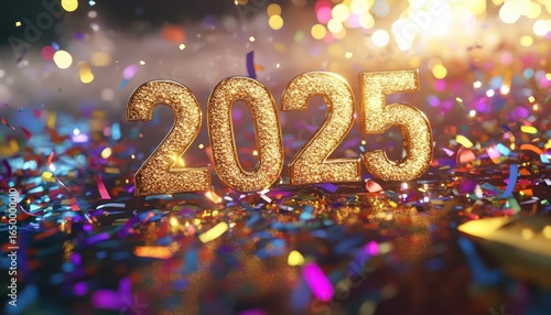 Glittering Gold 2025 Numbers with Festive Confetti and Bokeh Lights Celebration