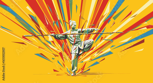 A dynamic illustration of a martial artist in a powerful stance with a staff, set against a vibrant, explosive, and colorful abstract background.
