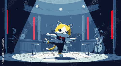 A dapper cartoon cat in a tuxedo and bow tie dances under a spotlight on stage at a jazz club.